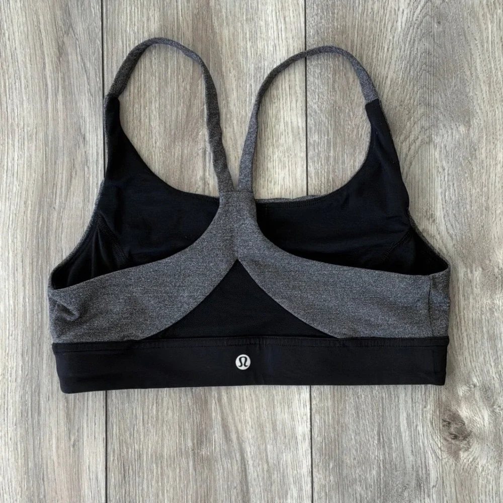 Lululemon Free To Be Bra Heathered Gray Black Strappy‎ Mesh Yoga Sports Bra